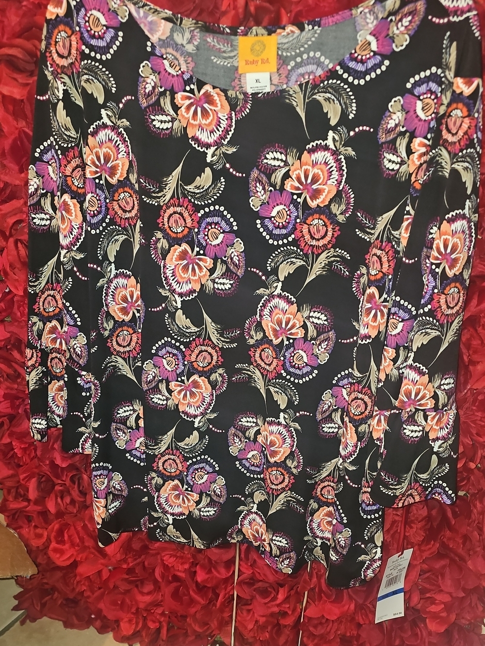 Ruby Rd. NWT Black Floral Top with Orange & Purple Blooms Size Xlarge